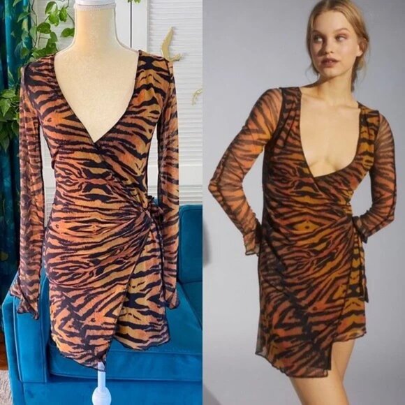 SOLD - Urban Outfitters | UO Ace Mesh Wrap Dress Brown Multi Animal Print Small - Picture 1 of 9
